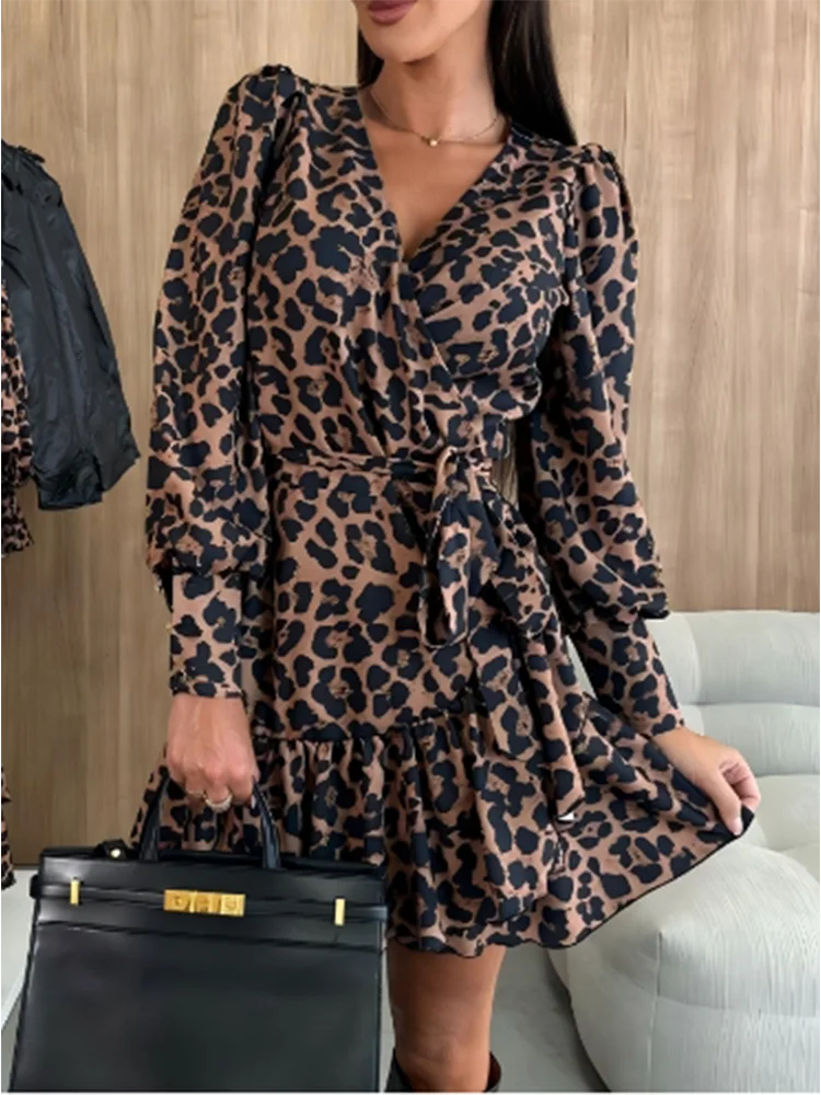 Women's Leopard Printed Dresses V-Neck Lace Up Bubble Long Sleeved Sexy Dress Elegant Dating Autumn Mini Dress