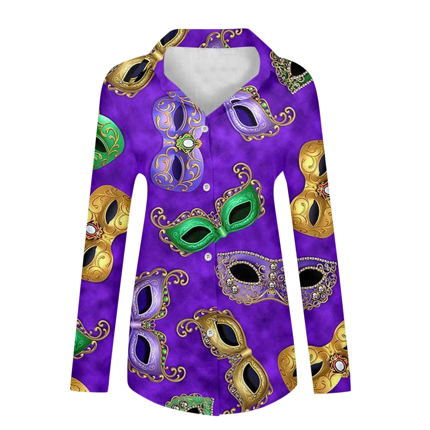 Mardi Gras Women V Neck Shirts Button Long Sleeve Carnival Print Tops Female Blouses Loose