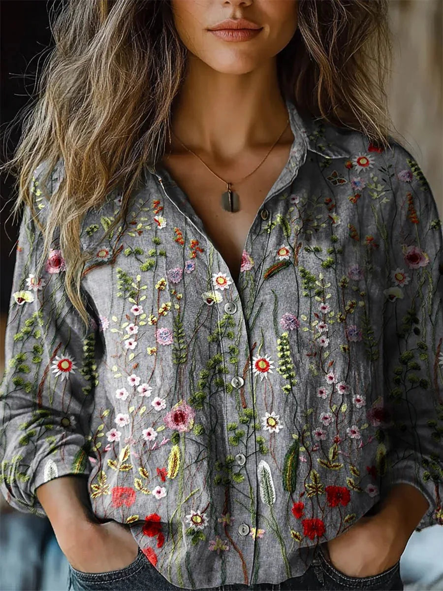 European Style  Women Long Sleeve Basic Shirts New Casual Beach Tops Blouse Ladies Bohemian Flower Print shirt