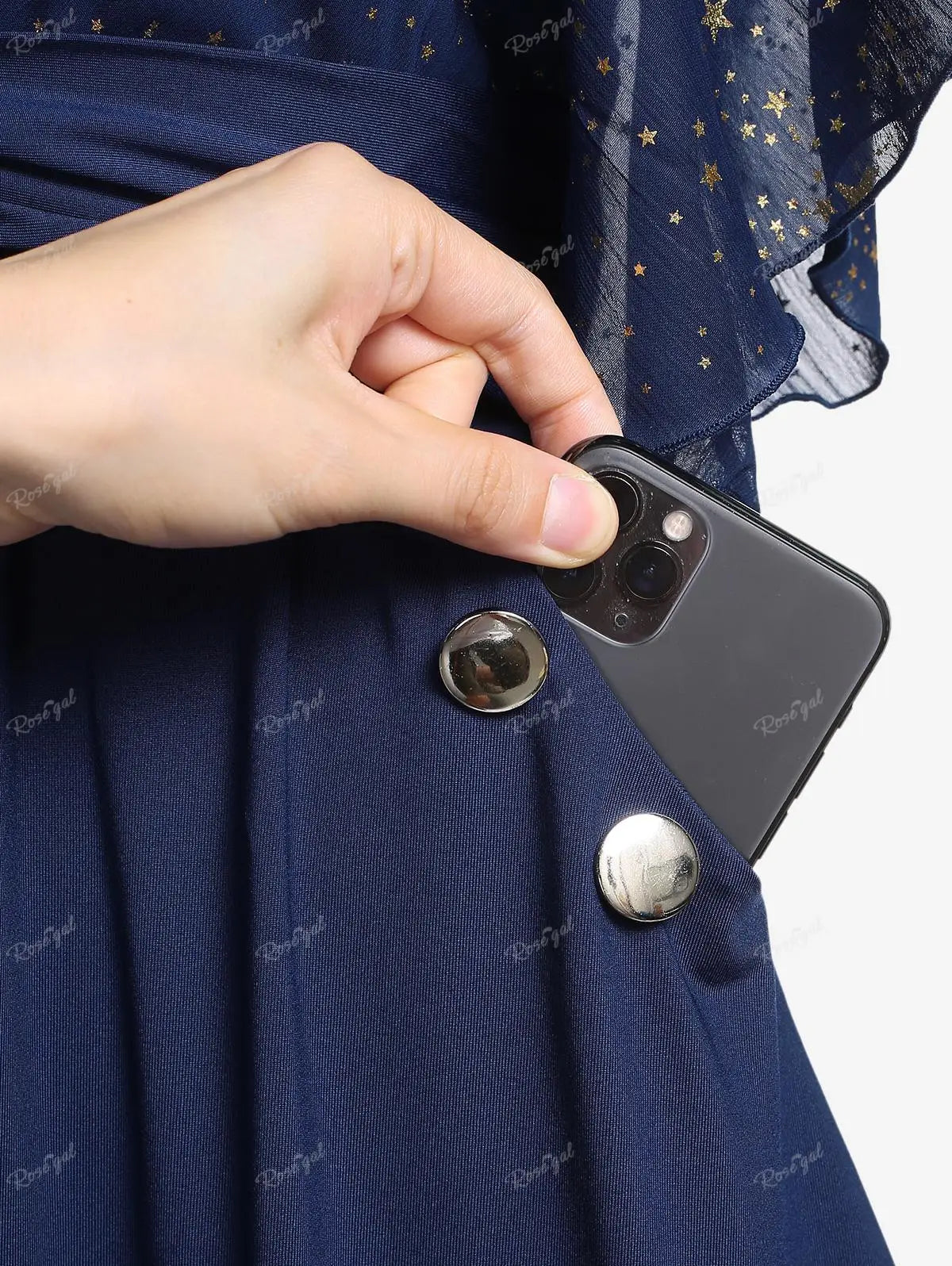 Plus Size Stars Print Buckle Button Pockets Ruched Butterfly Sleeves Dress Women Casual V-neck Collar Dresses