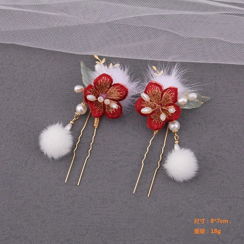 Red Floral Hair Comb Accessories Golden Pearl Hairpin Charm  Wedding Headpiece Bride  Hair Jewelry