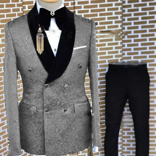 Gray Formal Suit for Men Floral Jacket Pants 2 Piece Set Tuxedo Elegant Men's Suit Handsome Blazer