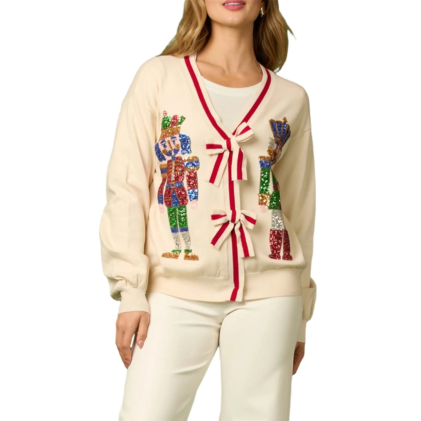 Women s Festive Print Long Sleeve Button Down Knit Cardigan Sweater with Sequin Detail and V Neckline