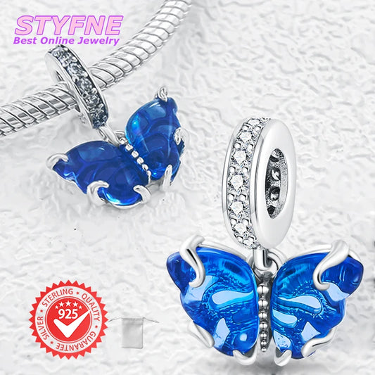 925 Sterling Silver Blue Ocean Butterfly Pendant  Fit Pandora Original Bracelet Charms