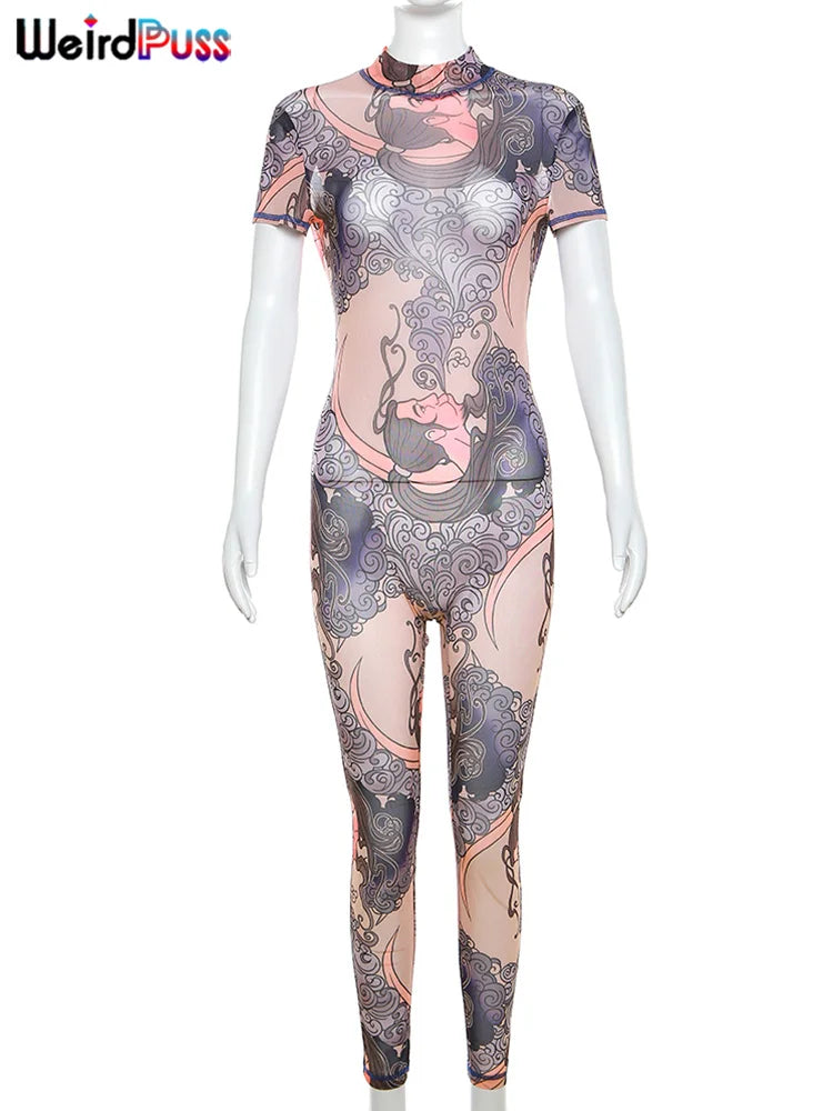 Jumpsuit  Short Sleeve Backless Thin Mesh  Stretch Activity