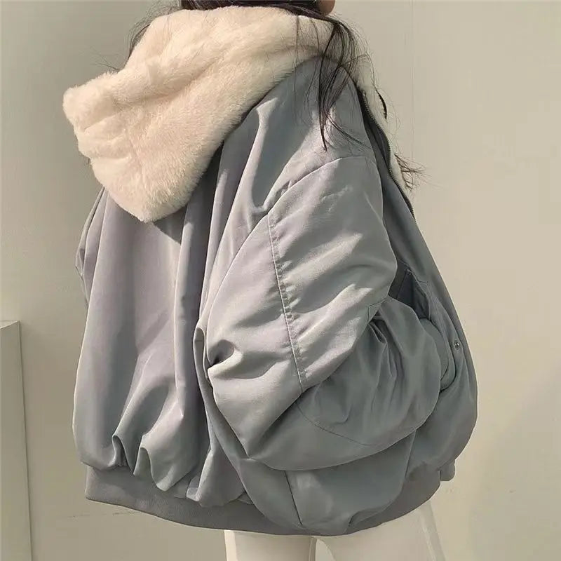 Casual Thicken Double Sided Jackets Coat Hooded Loose Zip Up Jackets Solid Simple Niche Versatile Coat