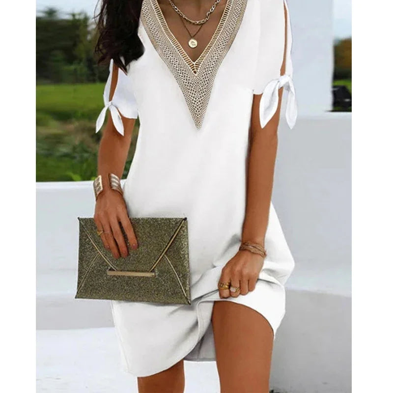 Summer Women Solid Color V-neck Dress Fashion Craft Cuff Split Bow Casual Loose Mini Party Dresses Holiday Street Wear