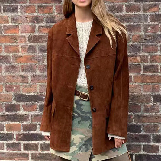 Vintage Brown Kid Suede Jacket for Women Loose Oversized Leather Suit Blazer Female Casual Coat Streetwear