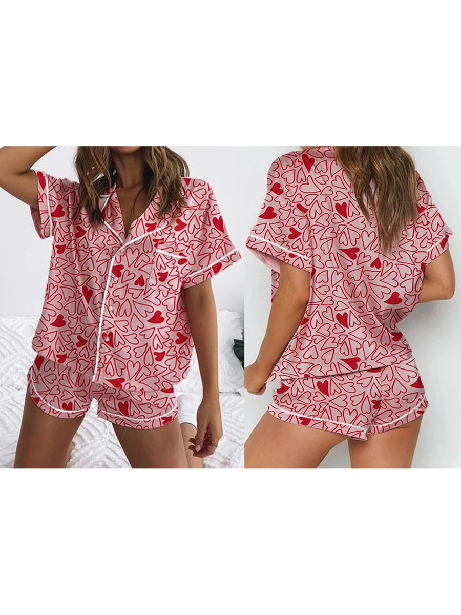 Valentine s Day Silk Pajamas Set with Lace Trim Short Sleeve Heart Floral Print Shirt and Shorts