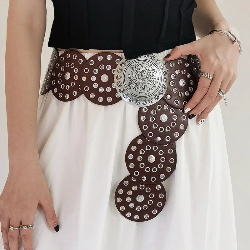 Women's Western Denim Belt High Quality Metal Hollow Ladies Trend Wide Waistband Vintage Personalized Round Belts