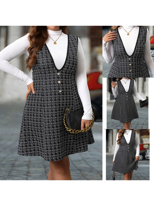 Women s Plus Size Plaid Overall Dress with Sleeveless Design and Deep V-Neckline in Knee Length T Fabric