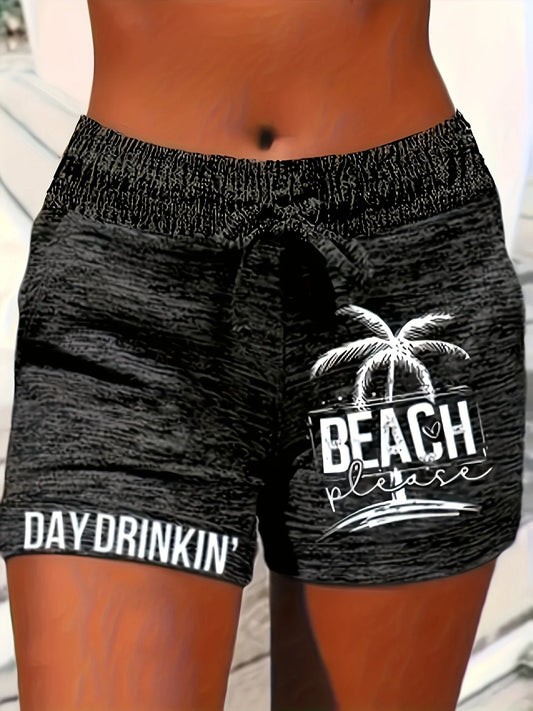 Women's Tropical Palm Printed Drawstring Shorts - Comfortable and Stylish Sportswear with Pocket Belt Perfect for Summer Casual