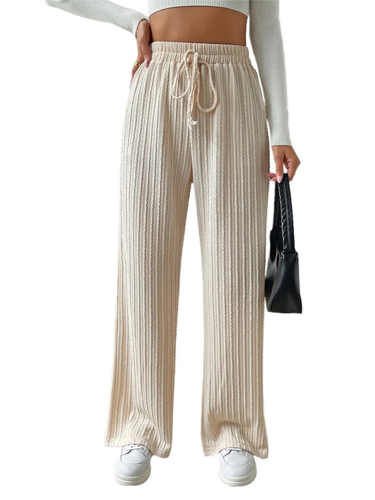 Elegant Ribbed Knit Palazzo Pants with Chic Drawstring High Waistband Comfy Wide Leg Trousers for Women s Casual Wear