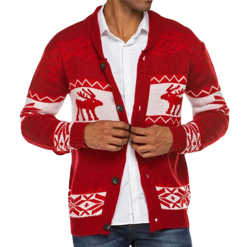 Christmas Cardigan Casual Long Sleeve Shawl Collar Reindeer Snowflake Print Sweater Knitted Tops