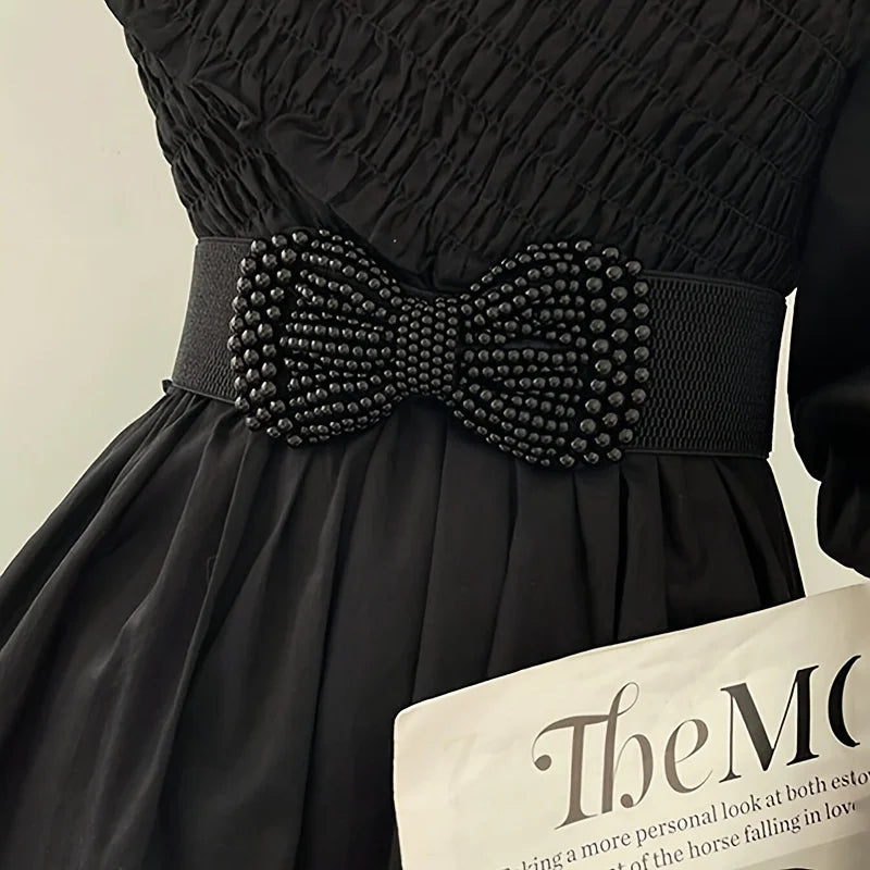 Women's Elastic Wide Belt Pearl Waist Cover Versatile Dress Decoration High Quality Wide Pearl Bow