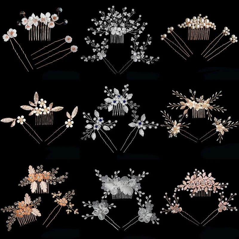 Luxury Pearls Flower Hair Comb Hair Pins Clips Set Cute Hair Fork Headpieces for Women Jewelry Gift Hair Accessory