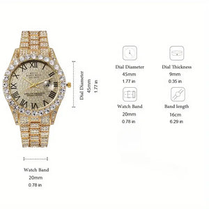 3pcs Necklace+Bracelet+Watch Cuban Chain Watch for Men Hip Hop Miami Curb Iced Out Paved Rhinestone Rapper Cuban men Jewelry set