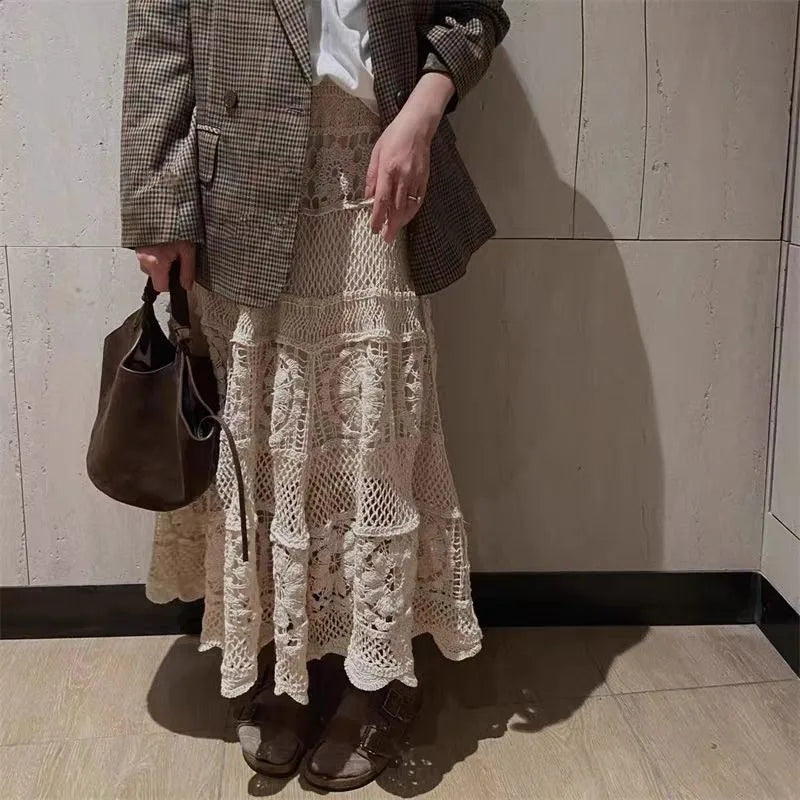 Vintage French Hollow Out Hook Flower Design Knit Skirt Vintage A-line Skirt