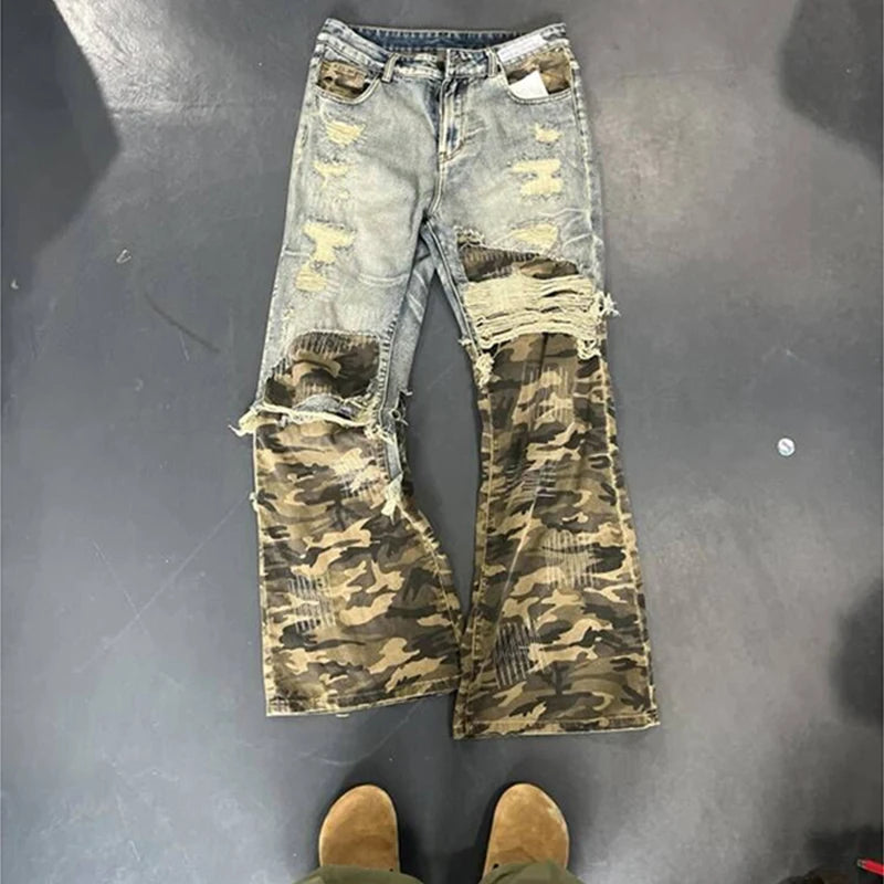 American Hip Hop Clothes Vintage Pants Design Camo Patchwork Jeans  Casual Straight Leg Pants designer clothes