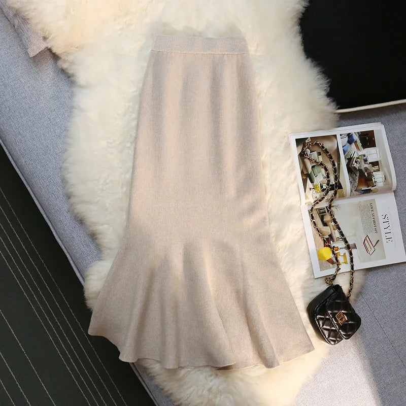 Vintage Knit Long High Waist Slim Mermaid  Trumpet Skirt