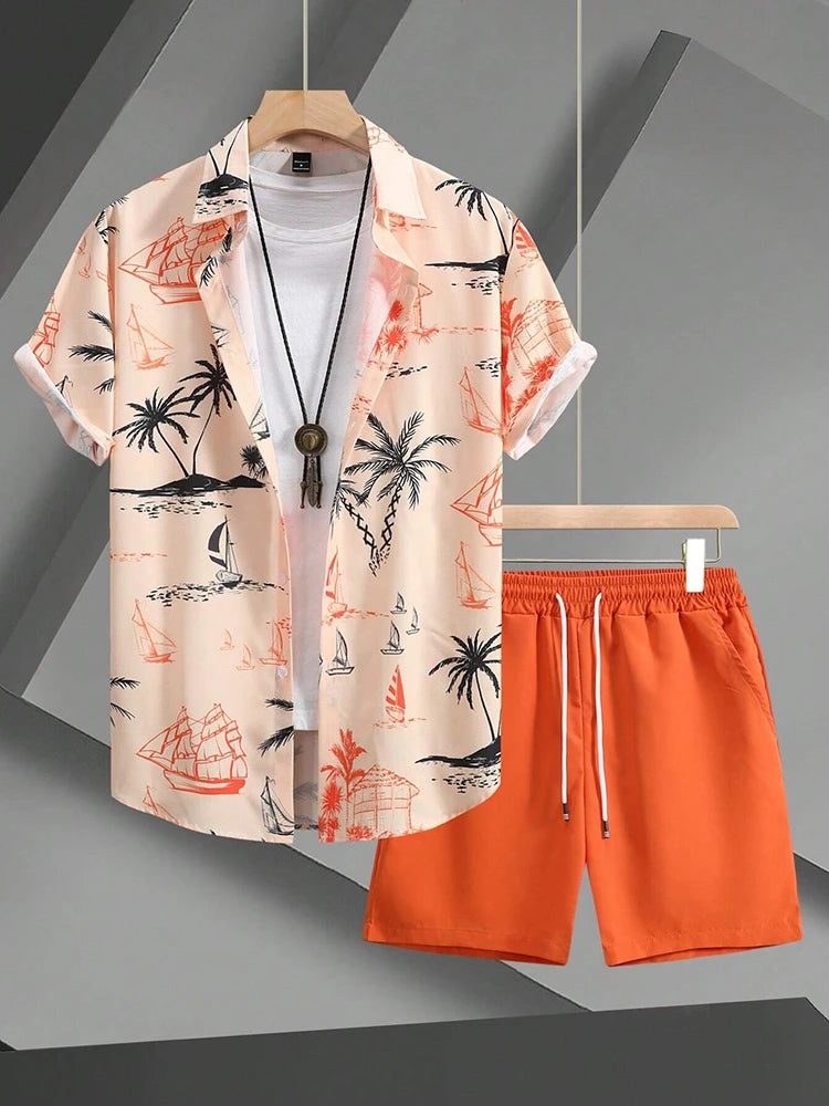 Summer Men's Short-sleeved Shirt Beach Shorts Set Outdoor Everyday Men's Summer Shorts Street Fashion Men's Casual Shirt