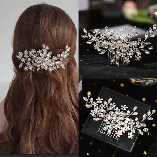 Crystal Flower Pearl Hair Comb Rhinestone Hairpin Headband Wedding Hair Accessories for Women Elegant Jewelry Gift