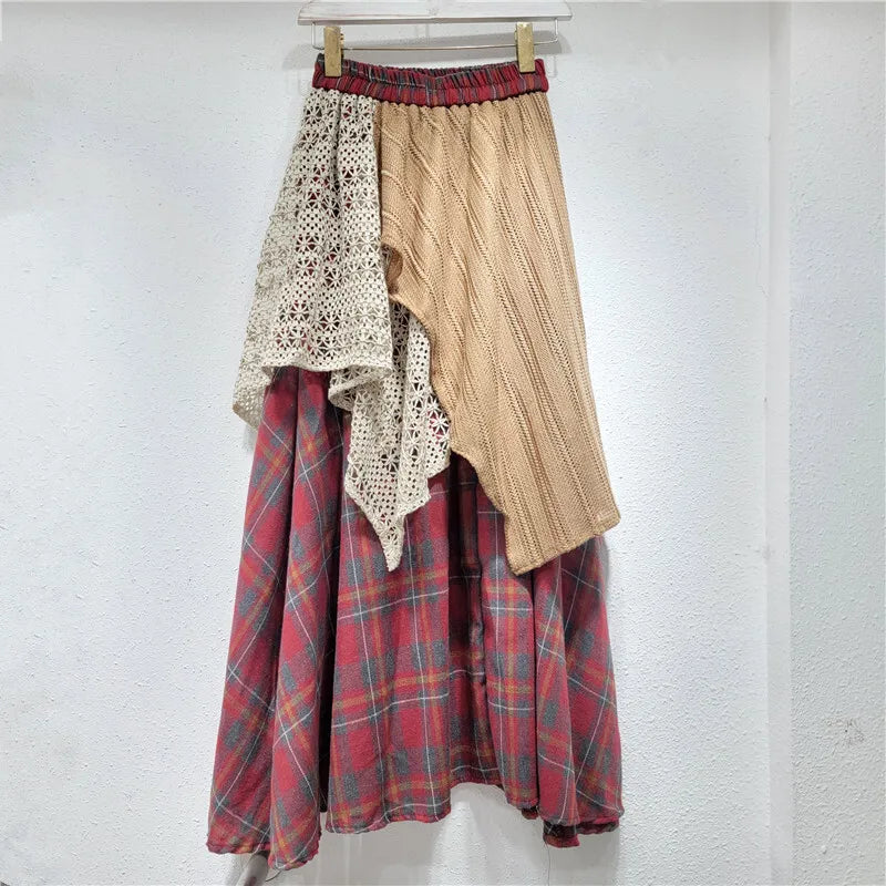 Elastic High Waist Patchwork Irregular Plaid Printed Causal A-line Long Skirts