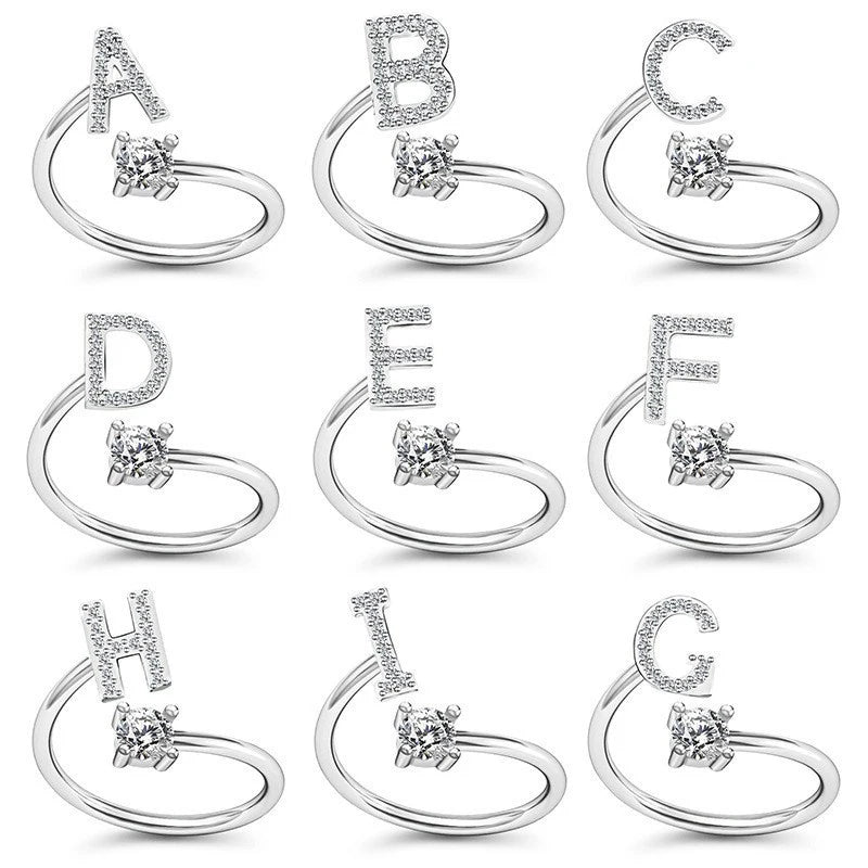 Shining Rhinestone 26 Letters Adjustable Rings  Initial A-Z Alphabet Opening Ring