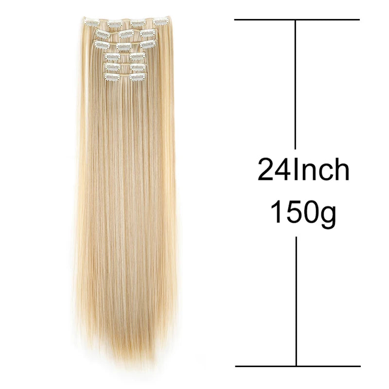 Synthetic 24Inch 16 Clips in Hair Extensions Long Straight Hairstyle Hairpieces Heat Resistant False Hair Daily Use