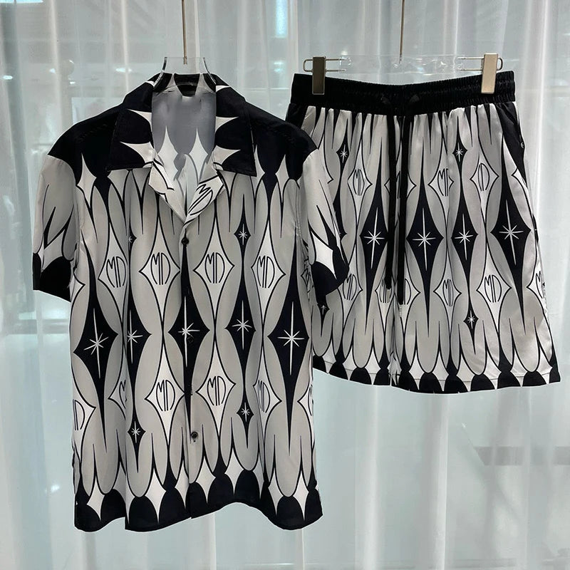 Luxury Men's Social Shirts Sets Fashion Lapel Short Sleeve Top Shorts 2 Piece Outfit Casual Loose Men Suit High Quality Clothing