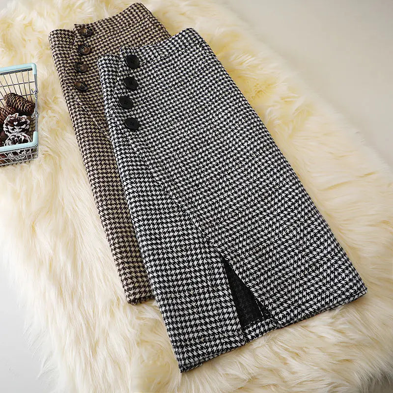 Woolen Skirt High Waist Package Hip Skirt Houndstooth Plaid Long