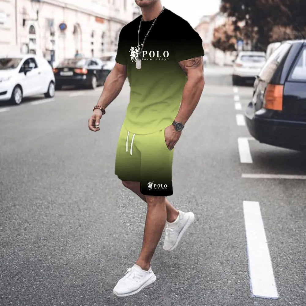 Trendy and fashionable street style 3D men's gradient letter print pattern suit T-shirt casual T-shirt shorts two-piece set