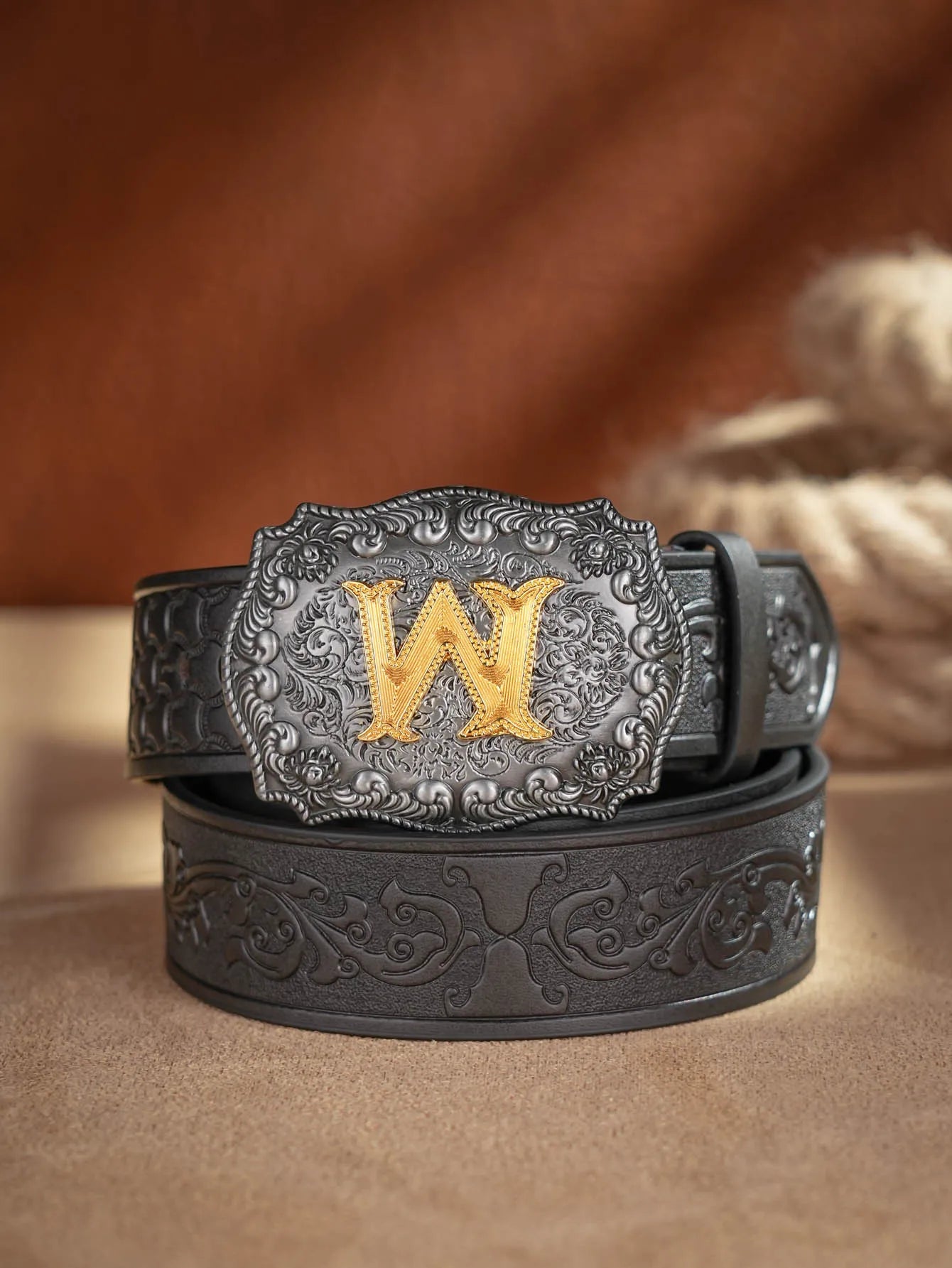 Western Cowboy PU Leather Belt  Waist Strap Bull Decoration Floral Engraved for Jeans
