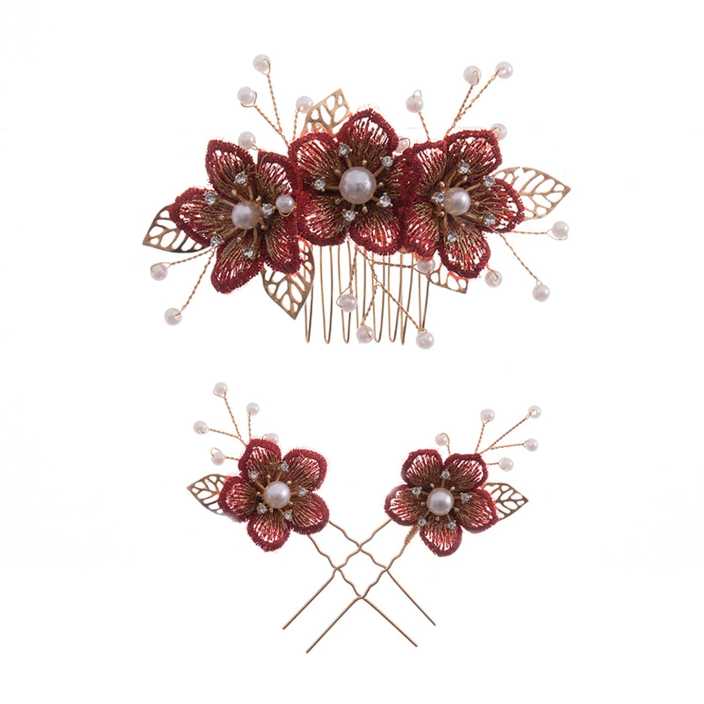 Red Floral Hair Comb Accessories Golden Pearl Hairpin Charm  Wedding Headpiece Bride  Hair Jewelry