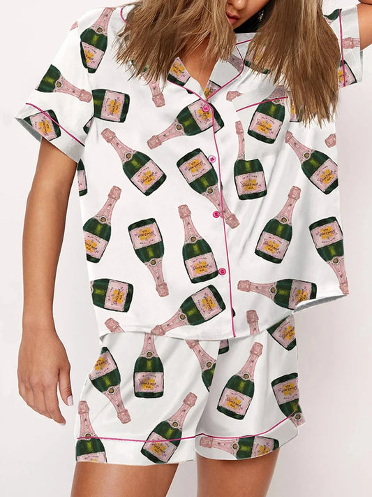 Women s 2 Piece Pajama Set V-Neck Short Sleeve Button Down Tops Drawstring Waist Shorts Sleepwear