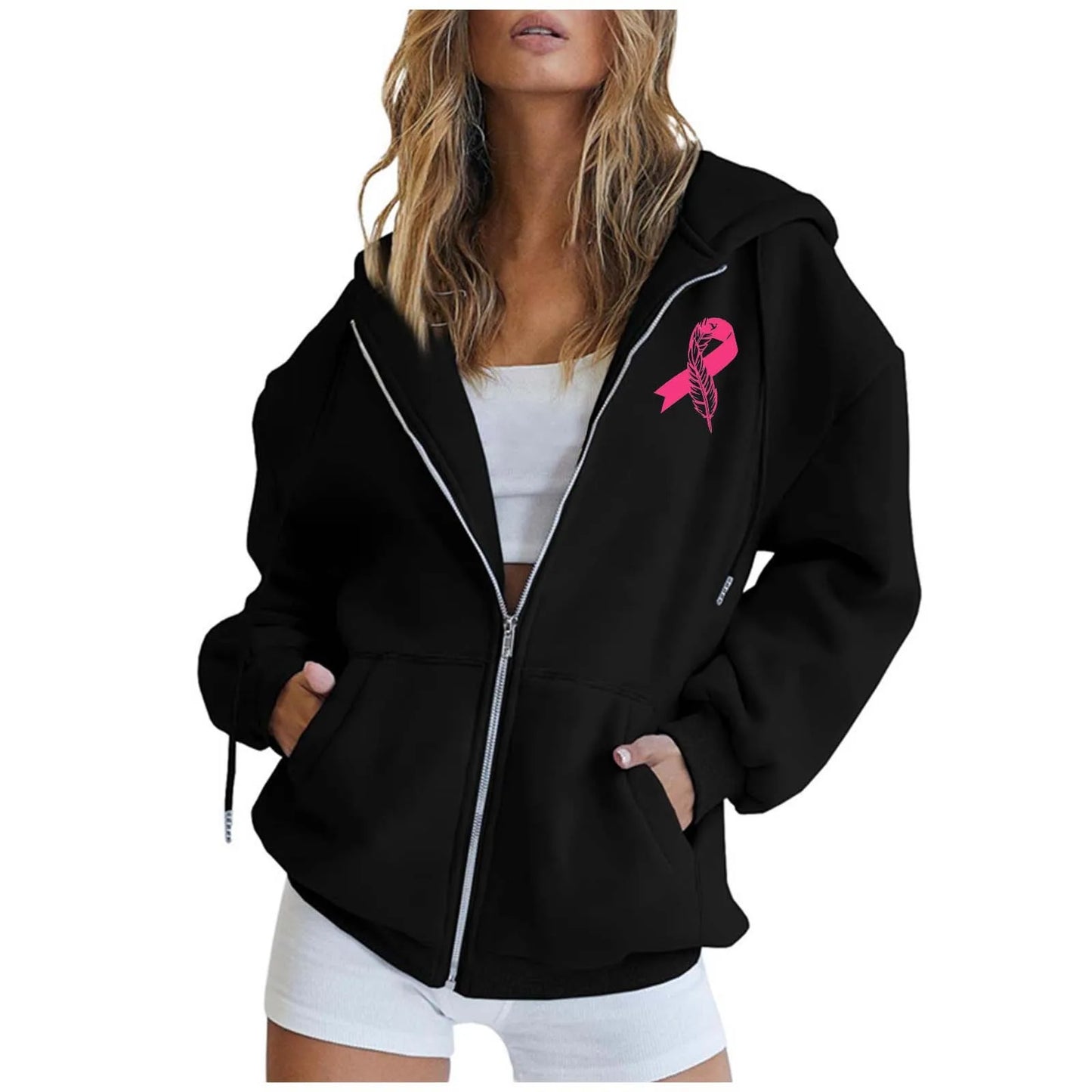 Women's Pink October Hoodies Breast Cancer Awareness Ribbon Feather Print Zipper Sweatshirts Long Sleeve Women Hoodies