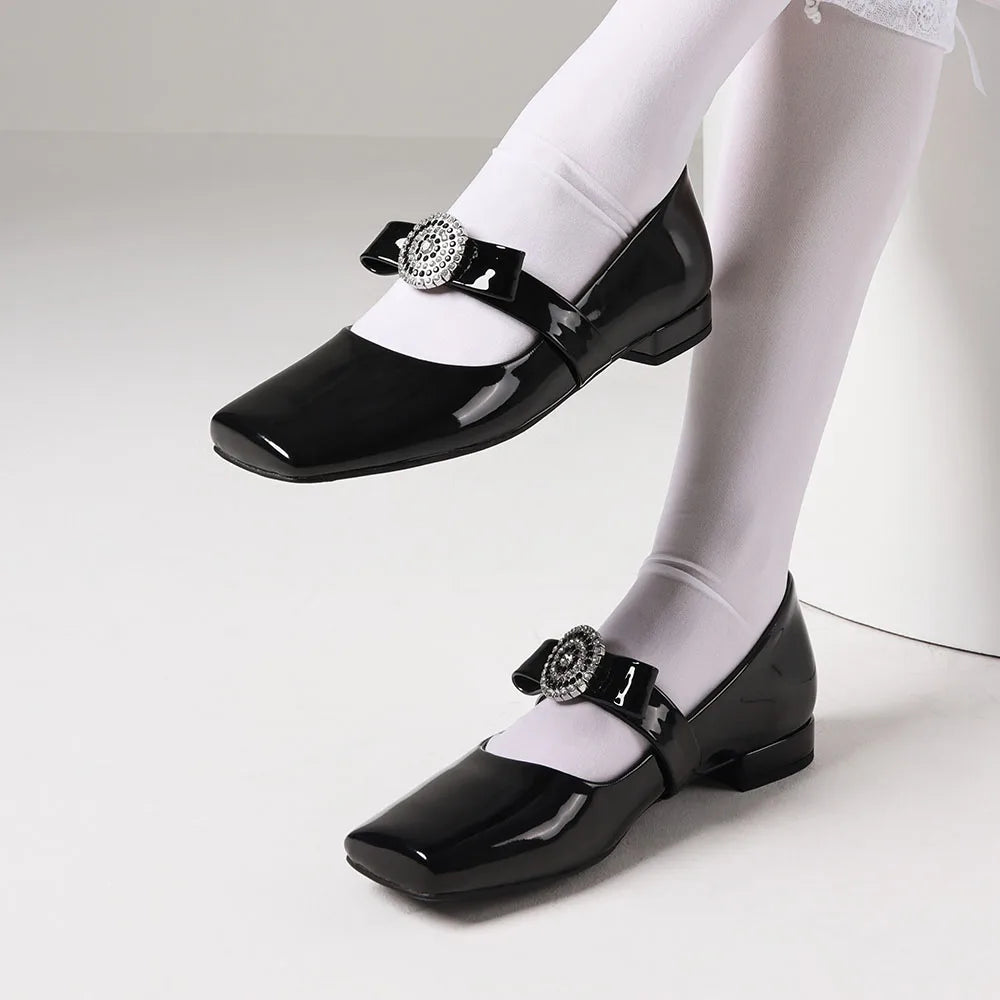 Rhinestone Mary Janes Flats For Women Low Heel Square Toe Shallow Shoes