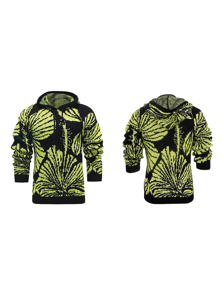 Leaf Print Knitted Hoodie with Long Sleeves and Hooded Design Perfect for Casual Streetwear in Winter and Fall Seasons