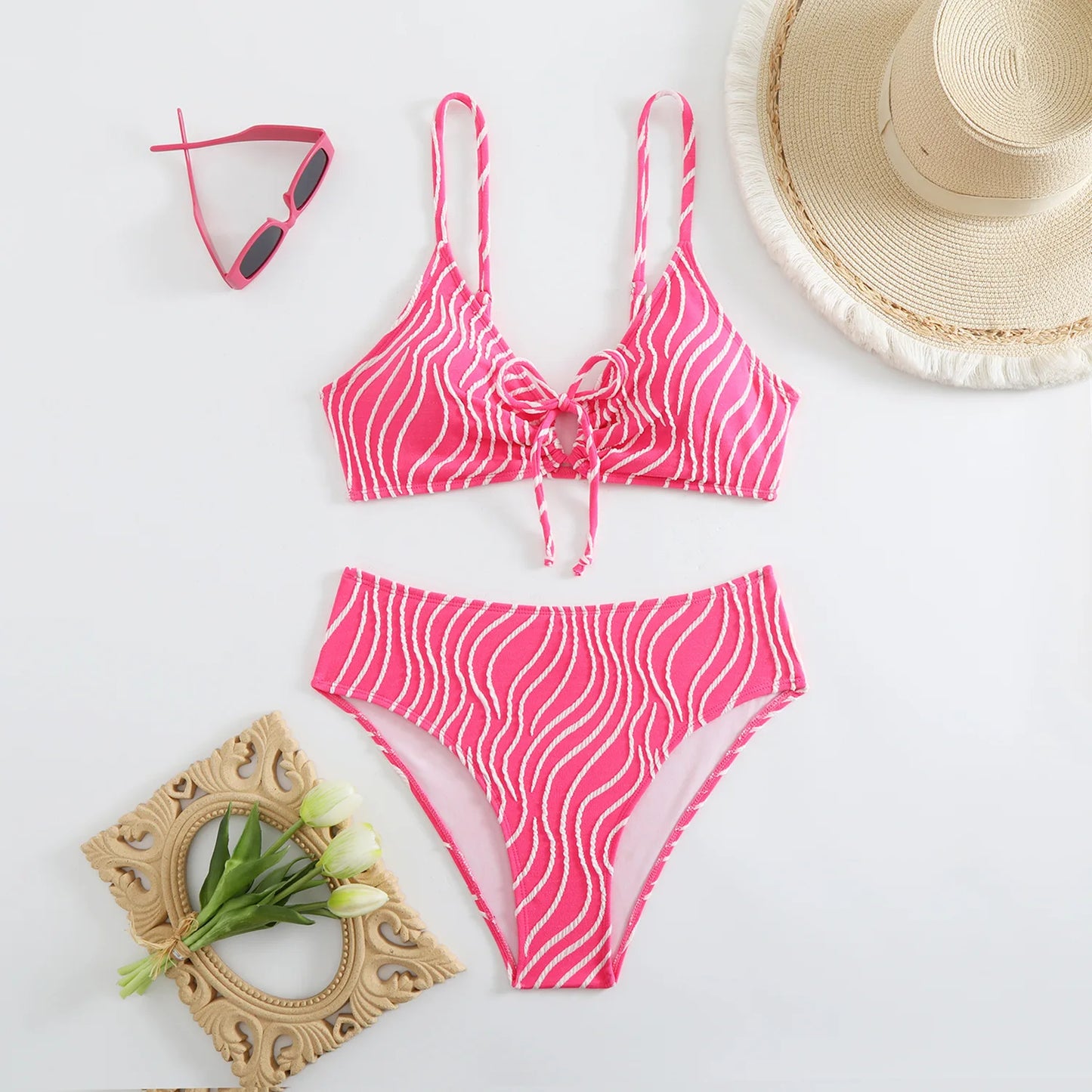 Women's Bikini Set Stripe Print 2 Piece Swimsuit Drawstring Lace-up V Neck Suspender Backless Beach Vacation Swimwear