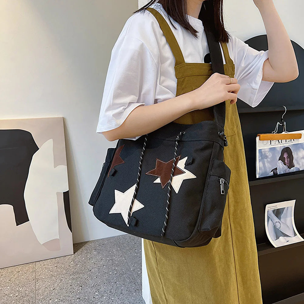 Women Casual Satchel Bag Large Capacity Canvas Star Applique  Street Style School Bag for Teens Students