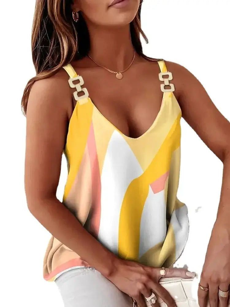 Women Elegant Solid Chiffon Blouse Spring Summer Casual  Sleeveless V Neck Loose Shirt