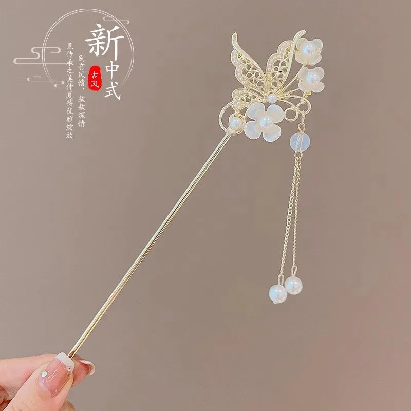 Elegant Chinese Style Hair Accessory Romantic Enameled Flower Tassel Hair Pin Alloy Jewelry Hairpin For Women Fashion Hairpin