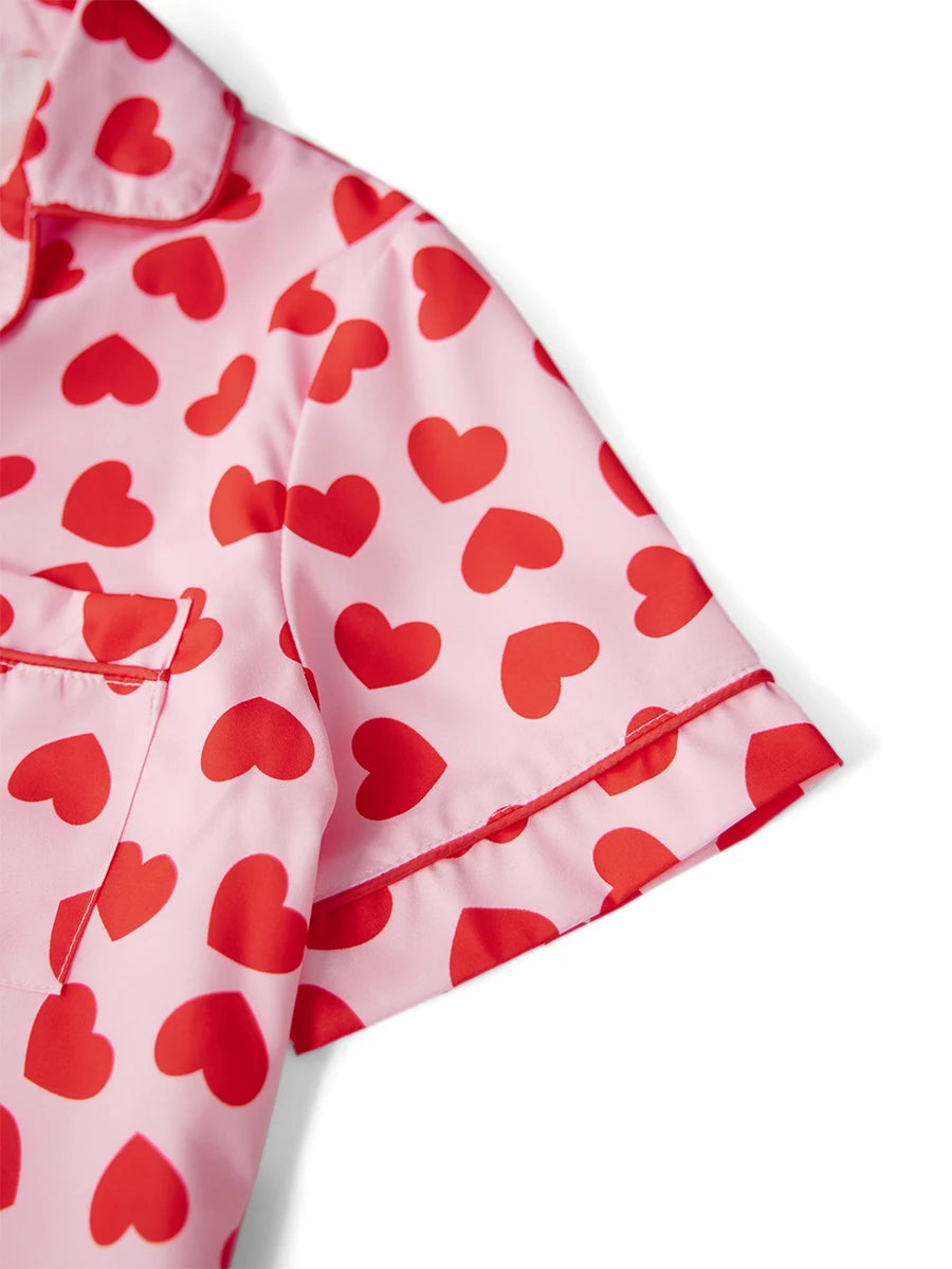Valentine s Day Pajama Set with Heart Print Short Sleeve Top and Drawstring Shorts  Loungewear Set