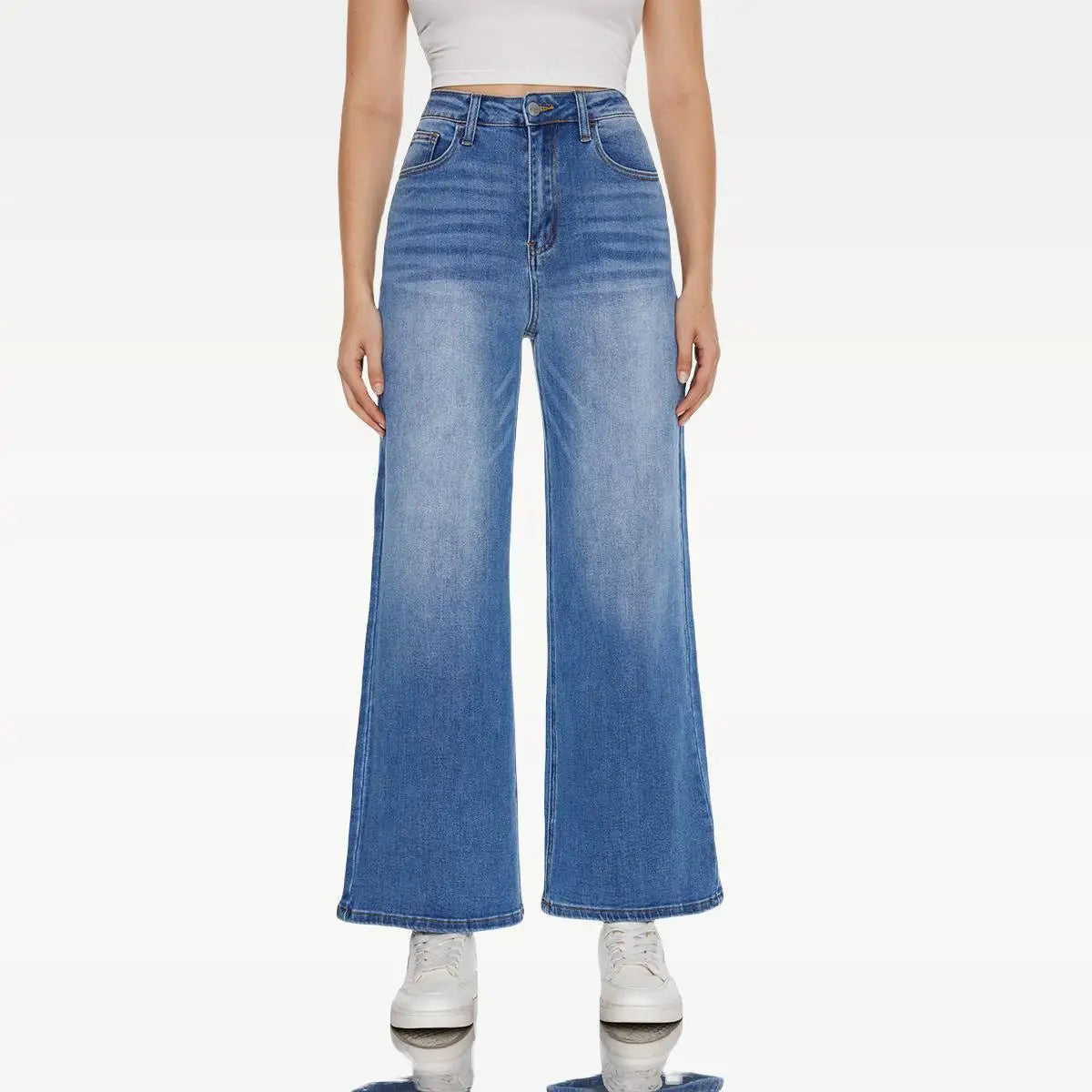 Women Wide Leg High-waisted Stretchy Jeans Baggy Pants Medium Blue  Streetwear