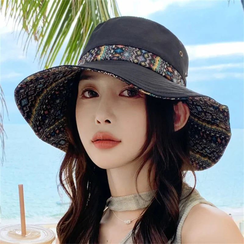 Stylish Women s Ethnic Fisherman Hat with Wide Brim for Summer Sun Protection and Outdoor Activities Foldable Design for
