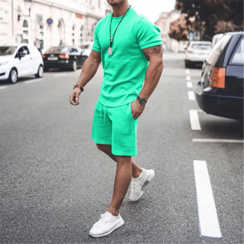 Solid Color Europe and The United States Men's  Summer  Short Sleeve T-shirt  +Shorts 2pcs Set Leisure Sports Men Suit