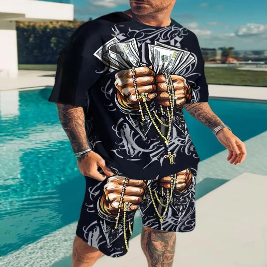 Fashionable men's sportswear summer beach short sleeved 3D printed shirt set street wear T-shirt shorts men's loose size clothes