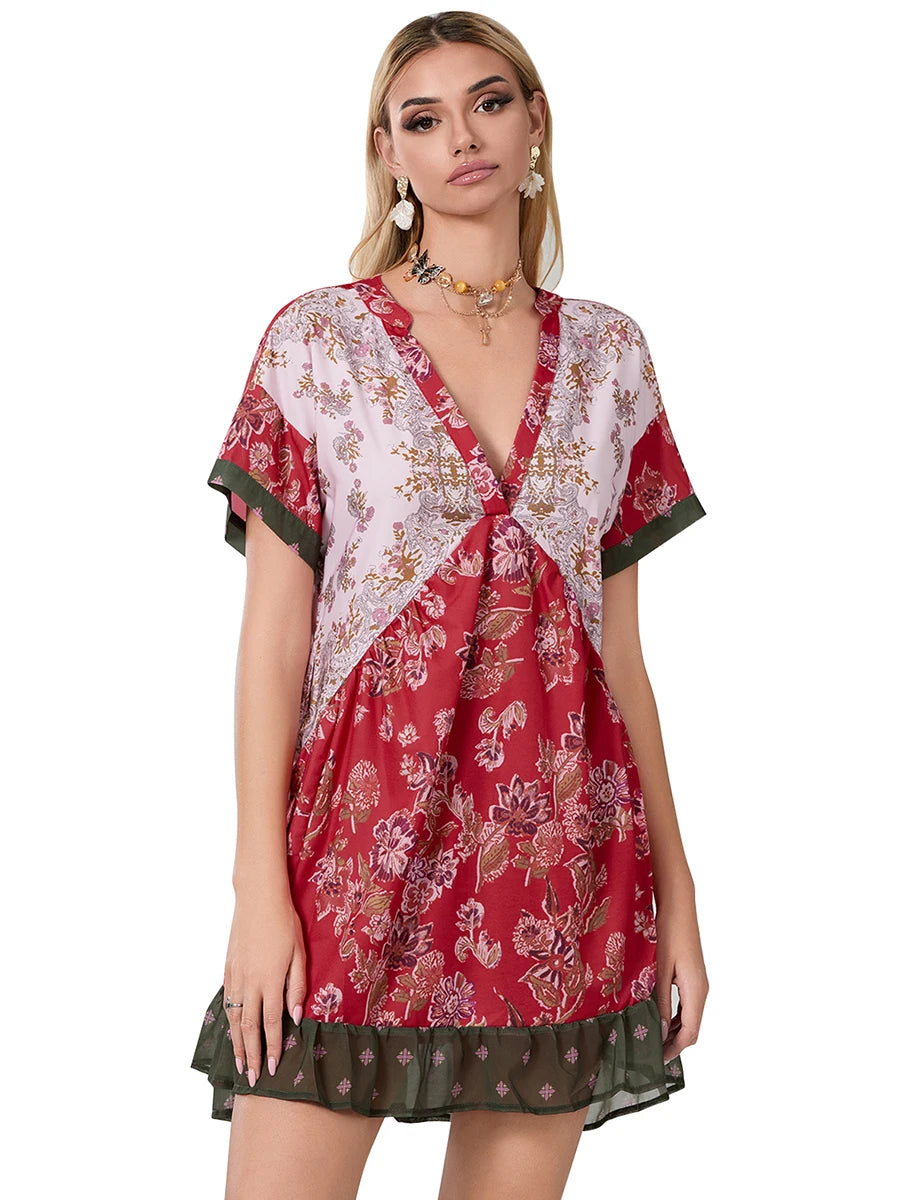 Women s Sleeveless Dress with Ruffle Hem in Tropical Print Summer Boho Beach Dress with Pockets