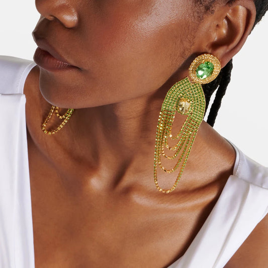 Green Crystal Multilayer Tassel Ear Clip Earrings Rhinestone Earrings No Piercing