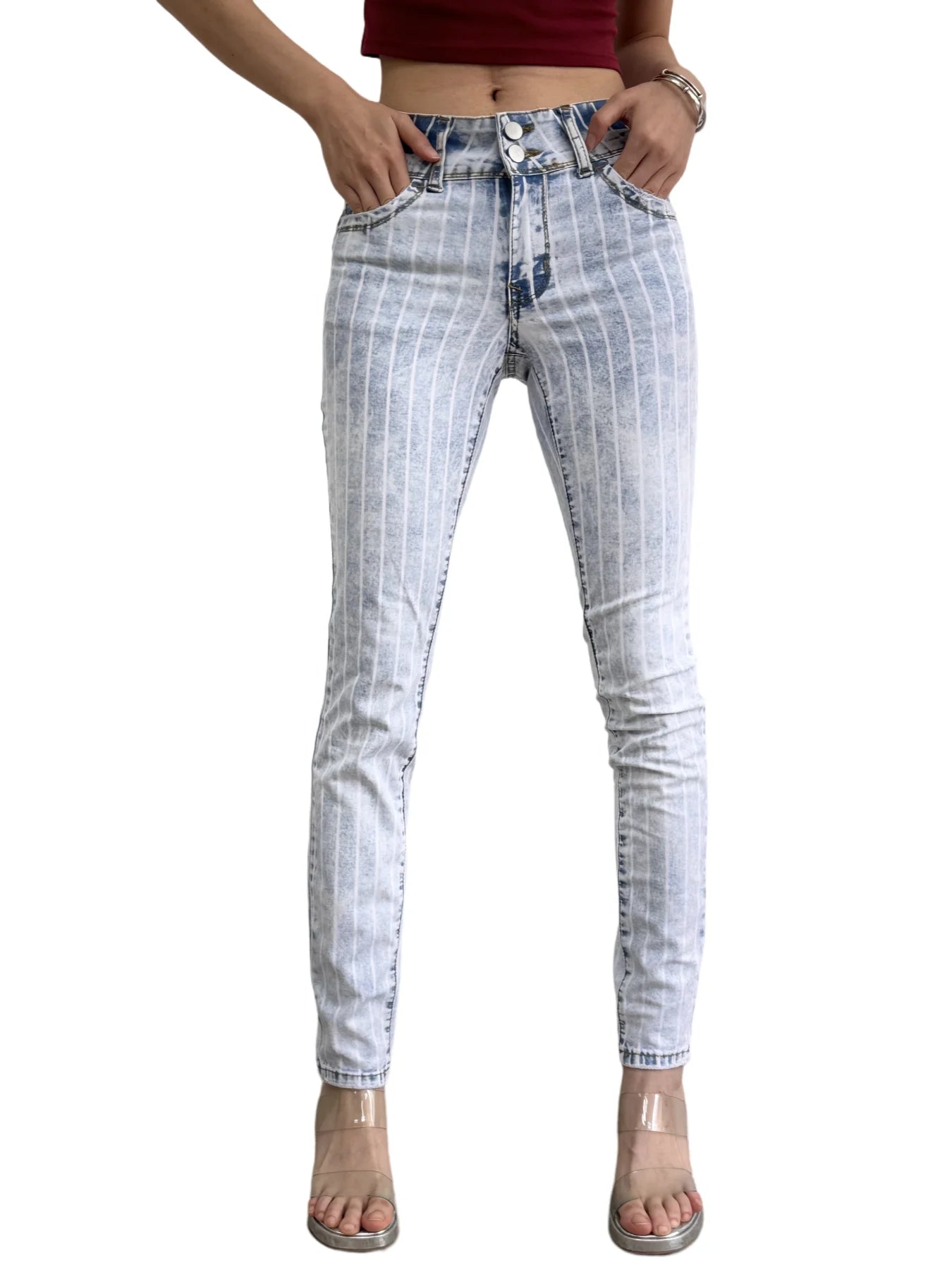 Women's stretch tight jeans, yarn-dyed striped fabric, rear hip lift design, suitable for all seasons